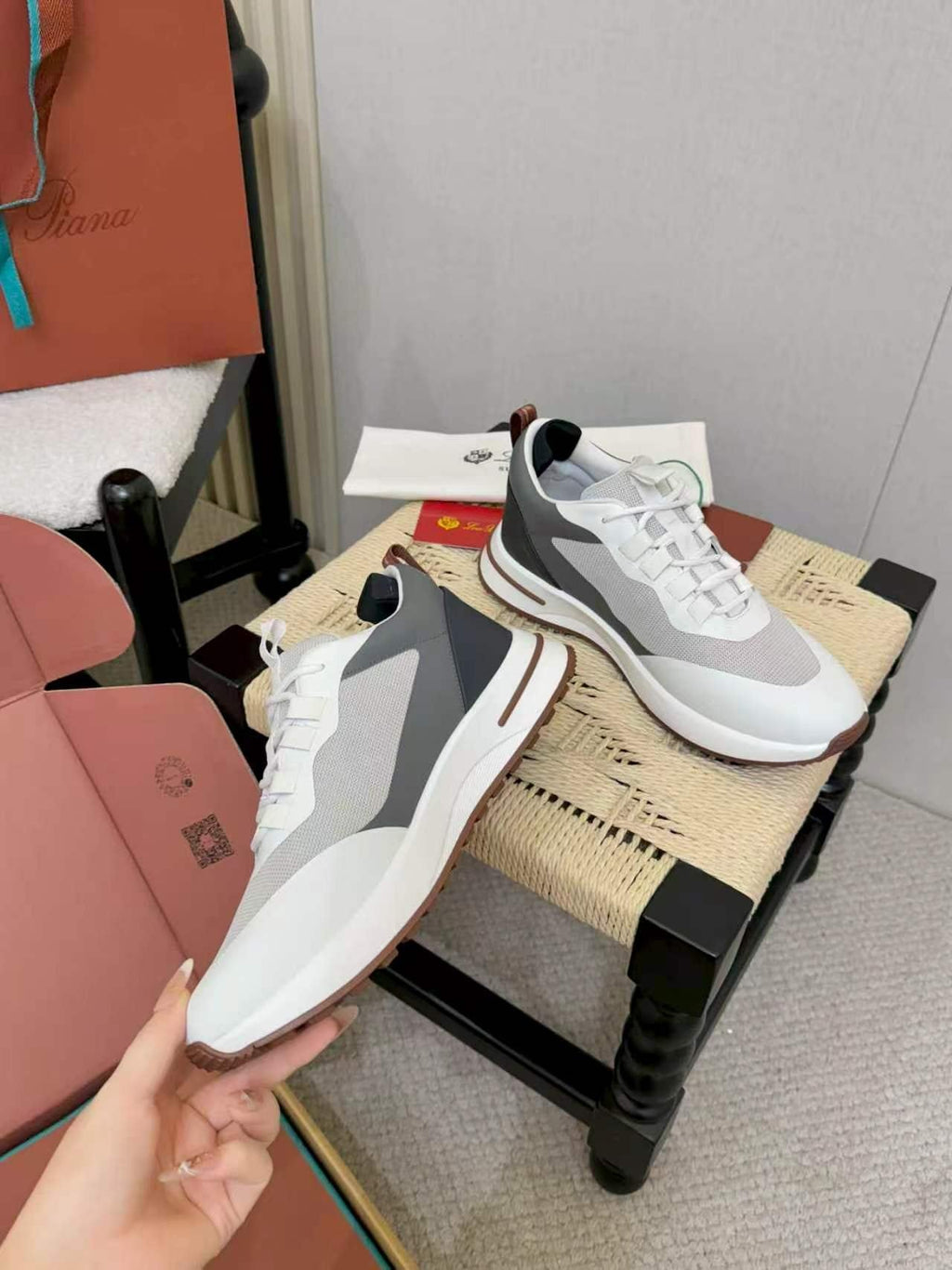 Loro Piana Men's White & Gray Low-Top Sneakers